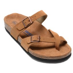 thumbnail for Summer leather flats, single-buckle unisex women's shoes, soft-soled cork slippers, velcro men's sandals