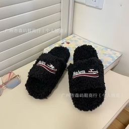 thumbnail for Foreign trade high version Paris wool slippers women's outer wear letter embroidery platform lambswool autumn and winter flat slippers
