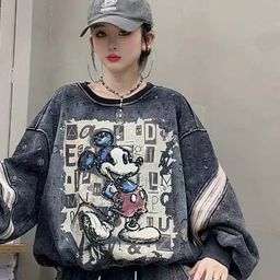 thumbnail for European fleece-lined sweatshirt set for women, 2026 winter new thickened distressed Mickey print washed loose two-piece set