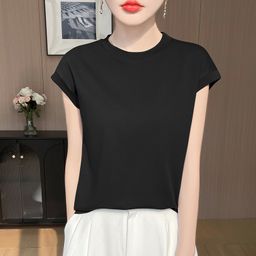 thumbnail for Summer New Pure Cotton Short-Sleeved T-Shirt for Women, Loose Round Neck, Pure Color Flying Sleeves, Bottoming Shirt, Elegant Slim Vest