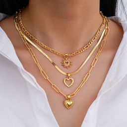 thumbnail for Cross-border trend temperament creative love necklace 3-piece set hip hop new personality Cuban heart multi-layer necklace