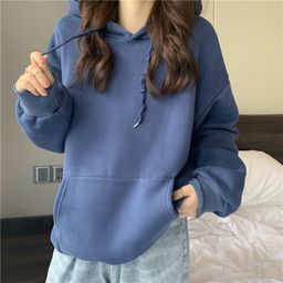 thumbnail for Solid Color Hooded Sweatshirt for Women, Loose Fit, Autumn and Winter 2025 New Korean Style Ins Trendy Top, Long-Sleeved Jacket with Fleece Lining