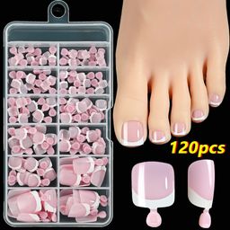 thumbnail for 120 pieces of French white edge toenail pieces fake nails toenails nude pink full paste square short premium toenail pieces