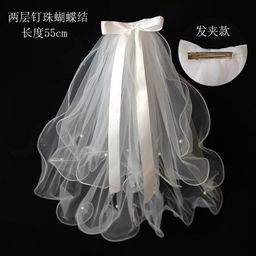 thumbnail for Véu de laço de celebridade da internet para adultos e crianças, vestido de casamento, certificado de casamento, camada dupla, véu curto branco pérola