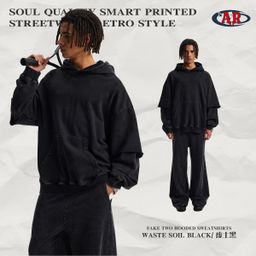 thumbnail for 2026 Original 430G Moletom com Capuz Efeito Duas Peças com Lavagem Snowflake, Estilo Americano Vintage Streetwear com Mangas Desfiadas