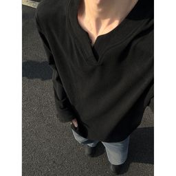 thumbnail for 280g Heavy Velvet V-neck Long Sleeve T-shirt Men&#039s Fall/Winter cleanfit American Fashion Brand Base Shirt Sweater