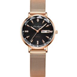 thumbnail for Popular relógio feminino de negócios à prova d&#039água com calendário duplo, relógio de estudante com pulseira de malha ultrafina e confortável, relógio de quartzo moderno e casual