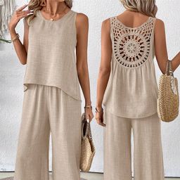 thumbnail for Conjunto de Dos Piezas de Encaje Calado de Color Sólido para Mujer, Estilo Europeo y Americano, Primavera y Verano, Top Informal sin Mangas y Pantalones Anchos Largos