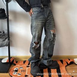 thumbnail for B home 23SS blue mud dye knife cut break straight loose jeans wookvibe the same Parisian style