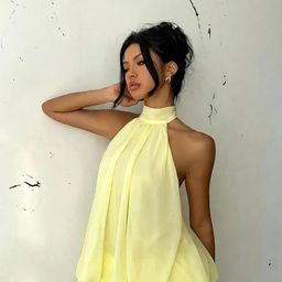 thumbnail for European and American cross-border Sanya resort skirts, seaside dresses, chiffon halterneck coffee break skirts, 2025 autumn sexy hot girl skirts