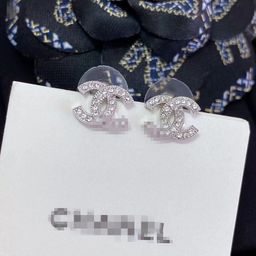 thumbnail for Classic Full Diamond Double C Stud Earrings High Version Chanel Style Mini Inlaid Vintage Earrings Socialite Elegant Earrings