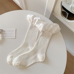thumbnail for ins solid color designer satin medium tube large lace solid color simple black and white pile socks for women