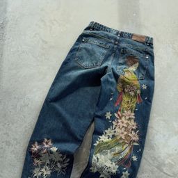 thumbnail for derschutze cross-border American vintage embroidered straight-leg pants for men and women versatile personality street jeans trendy foreign trade