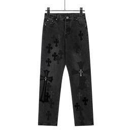 thumbnail for 24 Correct Edition CH Crowe Cross Skin Embroidered Washed Jeans Loose Denim for Couples Wholesale