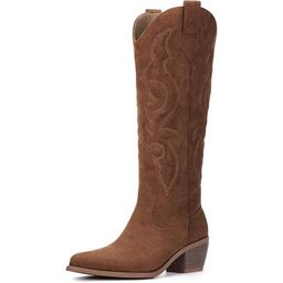 thumbnail for Women's White Cowboy Boots Wide Calf Rhinestone Cowgirl Boots, Women's Knee-High Western Boots Country Boots Side Zippers