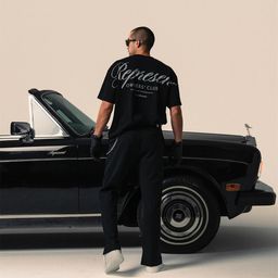 thumbnail for Camiseta masculina folgada de algodão puro americano com estampa de letras cursivas REPRESENT TRACK, modelo curto para casais.