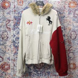 thumbnail for Jimo Grailz Project Washed Vintage Patchwork Color-Blocked Fur Collar Horse Print Hooded Zip-Up Sweatshirt for Men and Women