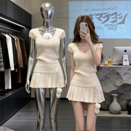 thumbnail for Korean-style girly V-neck knit short-sleeve top pleated midi skirt for women, spring/summer two-piece set, hot girl set