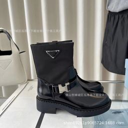thumbnail for 2026 Autumn New British-style Martin Boots for Women, Black Mid-Calf Thick-Soled Height-Increasing Triangular Label Ankle Boots for Women