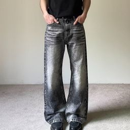 thumbnail for 2026 American Vintage Washed Distressed Loose Straight Wide-Leg Jeans Men's Fashion Honeycomb Cat Whisker Casual Pants