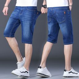 thumbnail for Summer thin cropped pants men's straight men's Denim shorts stretch slim summer youth pants wholesale breeches