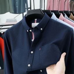 thumbnail for High-End Oxford Textile 100% Cotton Long-Sleeved Shirt Men&#039;s Pure Color Business Flap Pocket Pants Casual Shirt Workwear Inch Shirt Trendy
