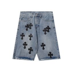 thumbnail for Cross-Border Trendy Brand Crowe Washed Distressed Retro Cross-Stitched Leather Loose Straight Casual Men's Denim Shorts
