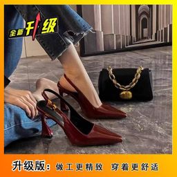thumbnail for Patent leather fashion stiletto heel pointed high heels 2025 spring new burgundy back trip strap toe sandals for women
